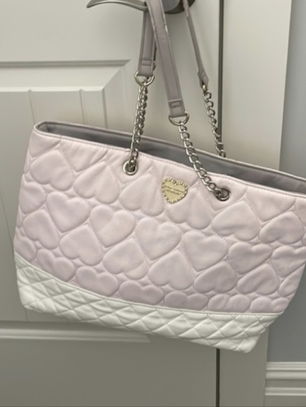 Betsey Johnson Quilted Heart Tote Bag - Light Pink & White